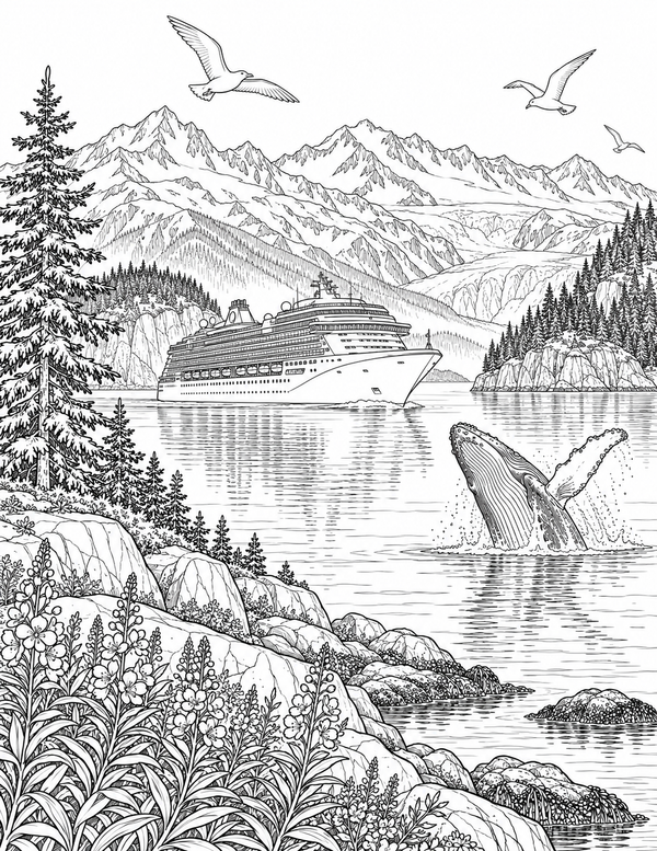 Inside Passage cruise ship and humpback whale coloring page preview