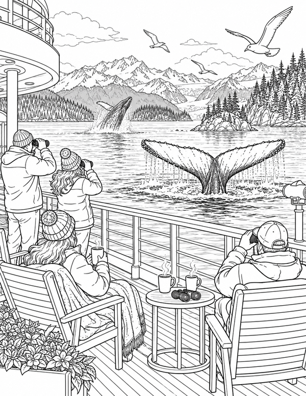 Cruise deck whale-watching coloring page preview